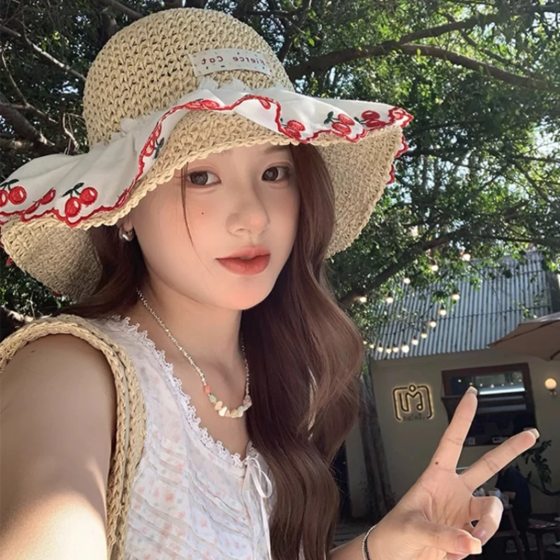 Sweet Cute Bow Tie Straw Hat Beach Sunshade Large Brim Hollow Out Woven Sun Hats for Women Summer Seaside Vacation Accessory