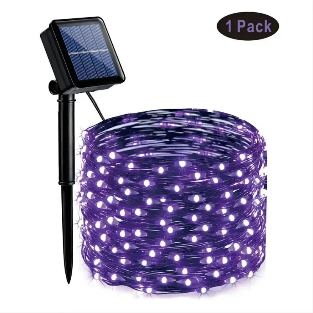 1pc Solar Orange & Purple Halloween Lights, 39.37ft 120 LED, Purple Solar Halloween Lights 8 Modes, Outdoor Twinkle Fairy Lights