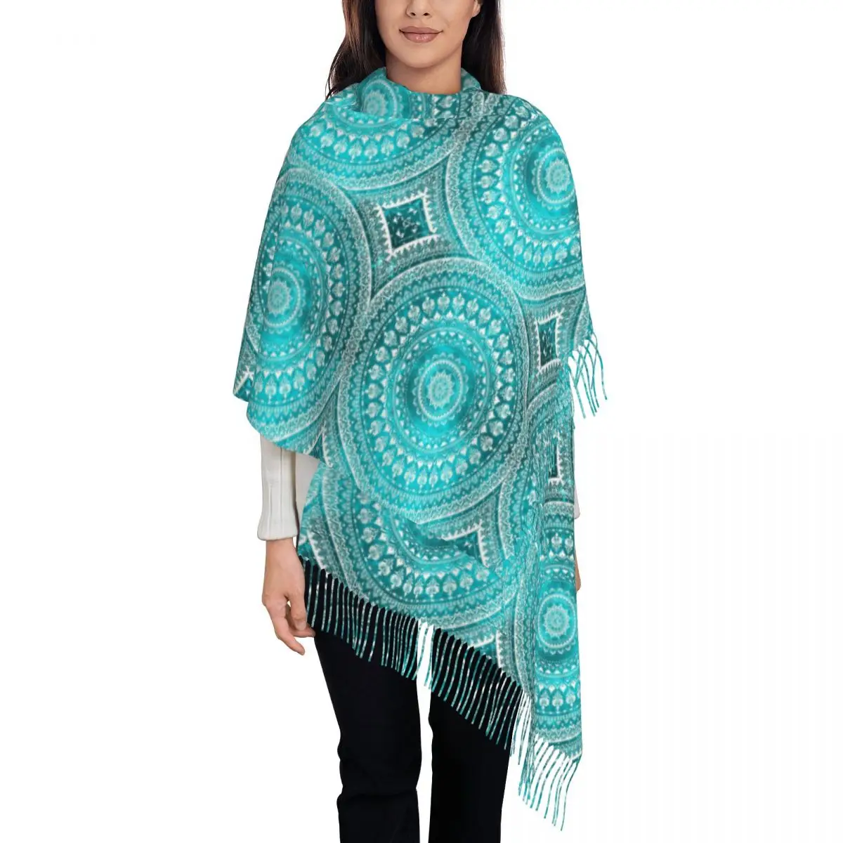 Mandala Turquoise Scarf Tassel Scarves Women Soft Warm Shawls and Wraps Long Fall Winter Shawl Wrap