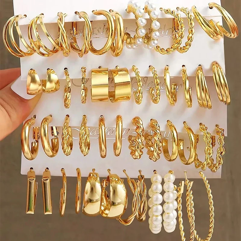 24 Pairs Gold Color Vintage Hoop Earrings Set for Women Girl Imitation Pearl Geometric Metal Twist Earring Fashion Jewelry