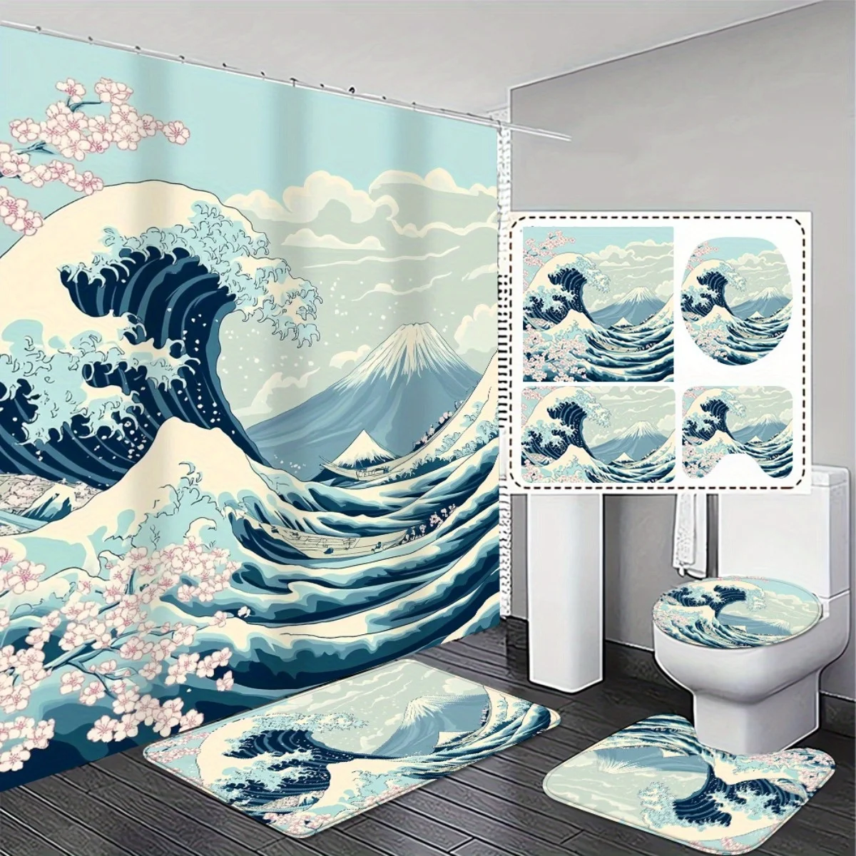 

4 Piece Japanese Wave Bathroom Set - Shower Curtain, Non-Slip Rug and Toilet Seat Cover - Ocean Themed Bathroom Decor