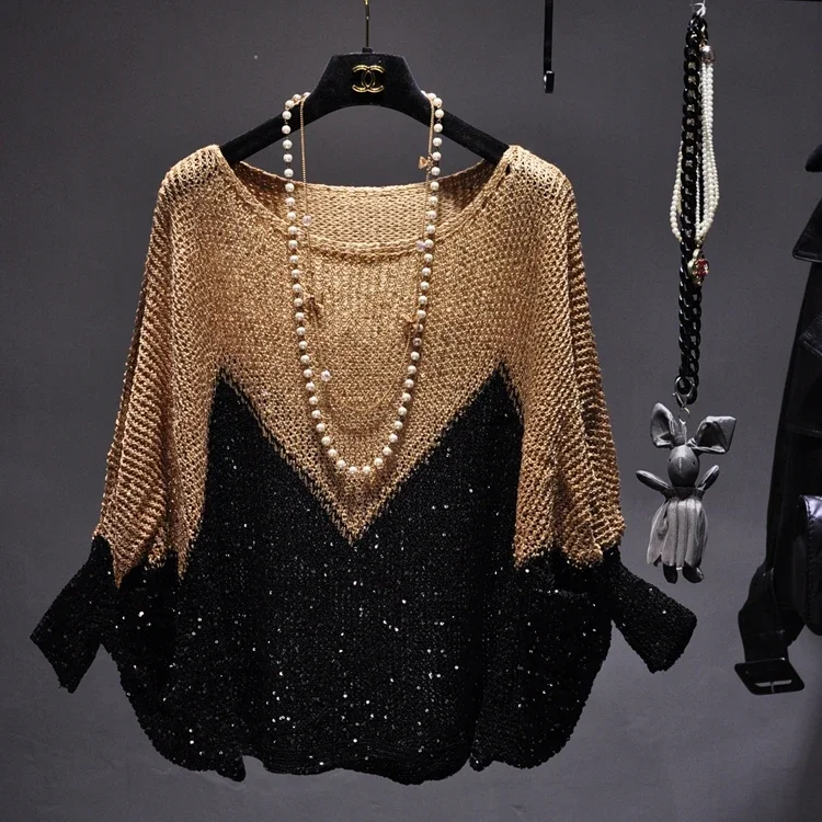 

Spring and autumn new loose large size show thin bat sleeve sequins knit sweater fat MM set head a word collar gold silk jacket