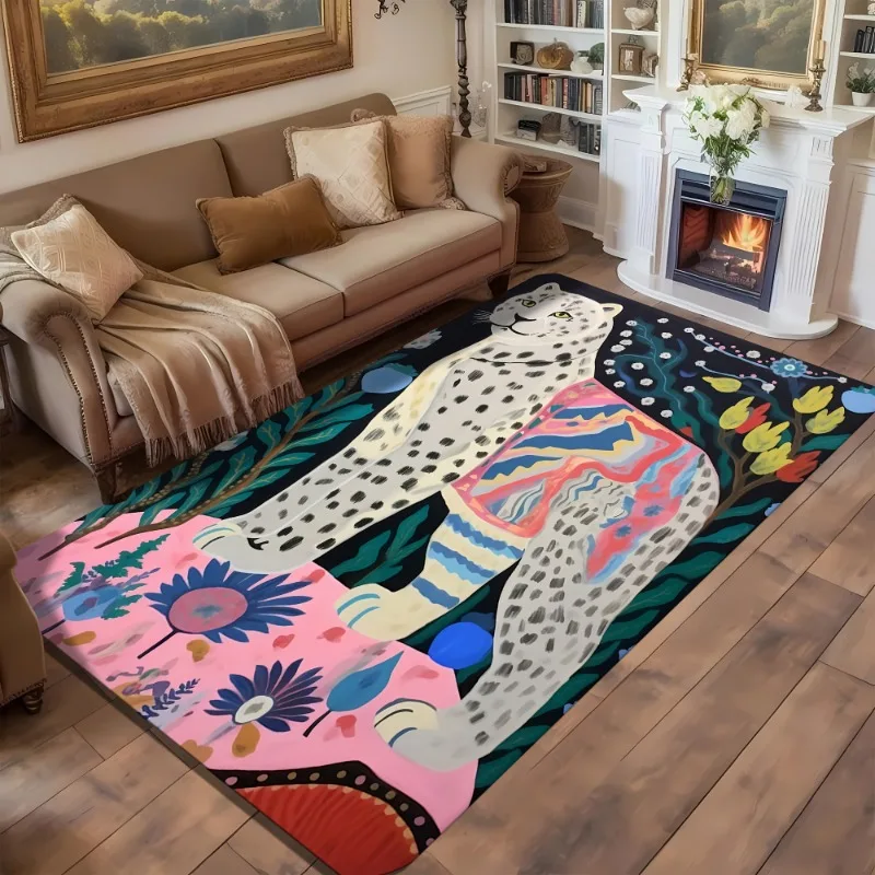 Floral Leopard Print Area Rugs Soft Non-Slip Flannel Cushioning Living Room and Decor Throw Carpet for Bedroom Decorate Mats