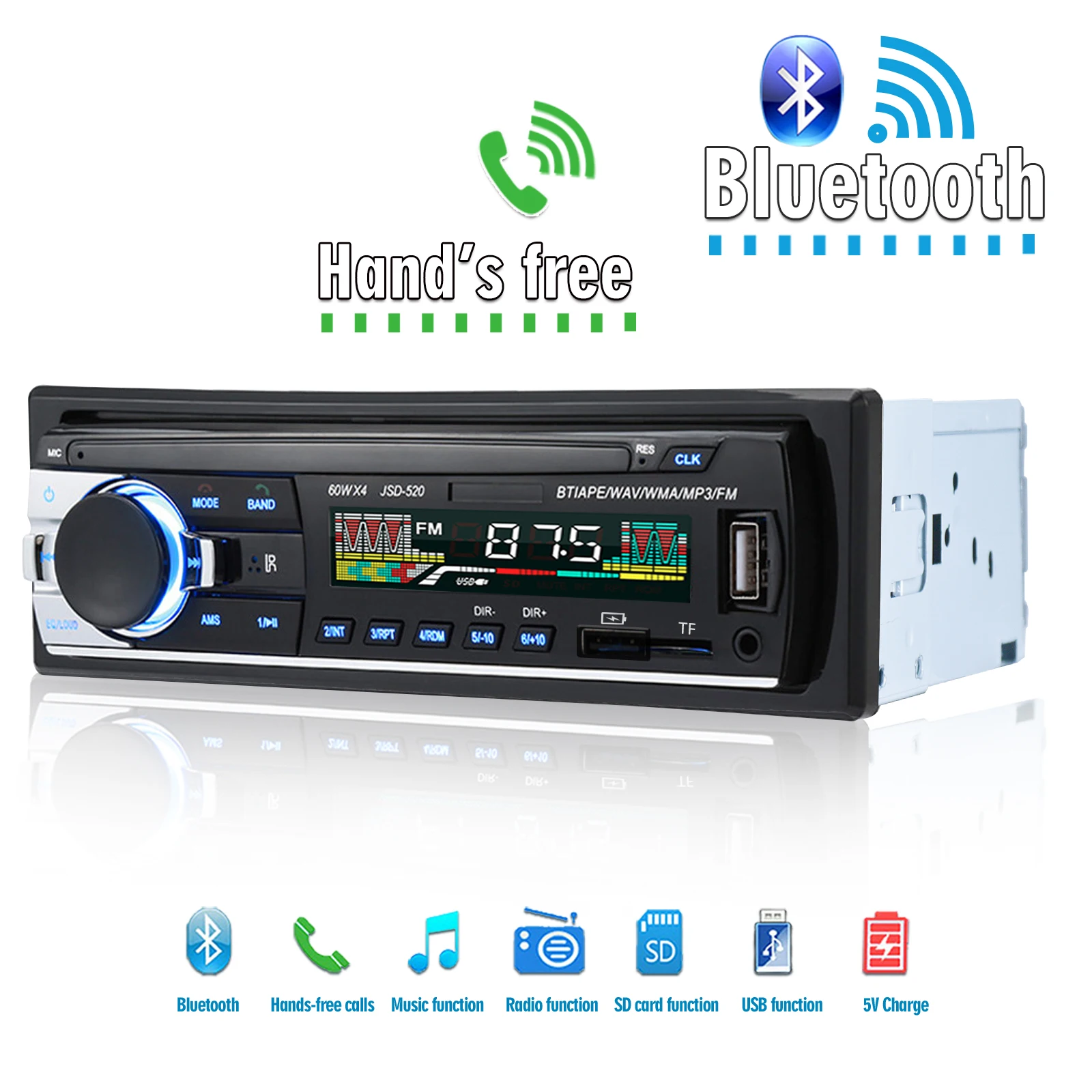 Car Audio Radio 1din Bluetooth Stereo MP3 Player FM Receiver 12V Support Phone Charging AUX/USB/TF Card In Dash Kit