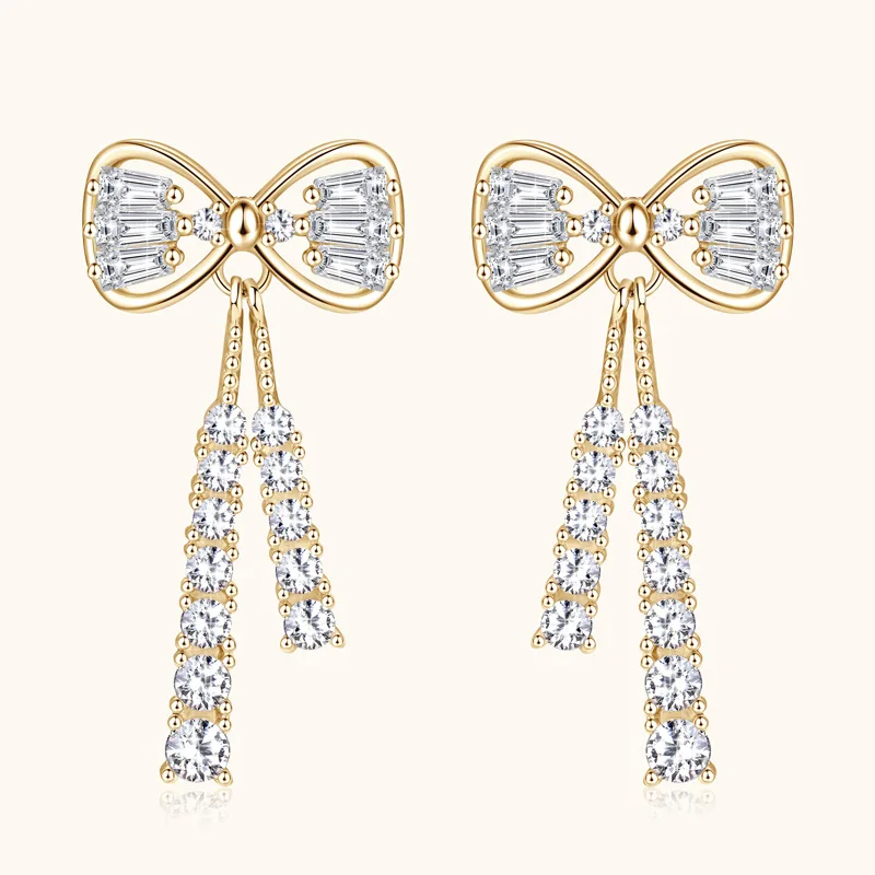 

18K Gold Plated 925 Sterling Silver VVS1 3EX D Real Moissanite Diamonds Romantic Bowknot Drop Earrings Fine Jewelry