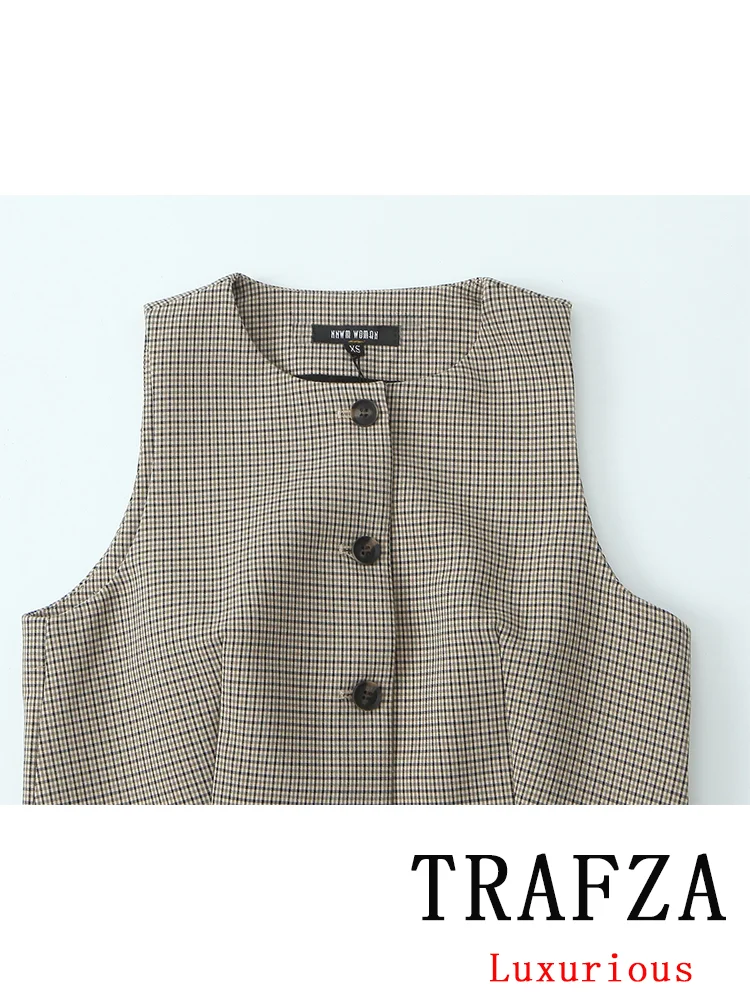 TRAFZA Vintage Casual Chic Plaid Women Suit Sleeveless Single Breasted Top Sashes Loose Straight Pants Fashion 2024 Autumn Suits