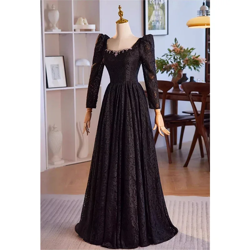 Evening Dress Black Lace Beads Square Collar Puffy Full Sleeves Lace up A-line Floor Length Plus size Women Party Formal Gowns