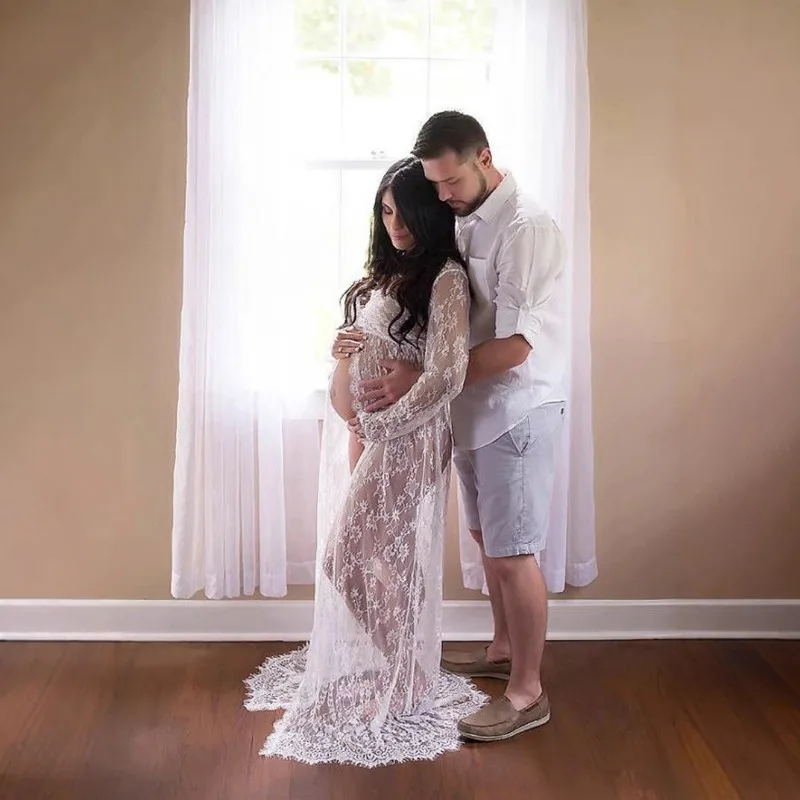 レースのマタニティフォトドレス、フロア丈、フロントオープン、マキシガウン（妊娠中用）