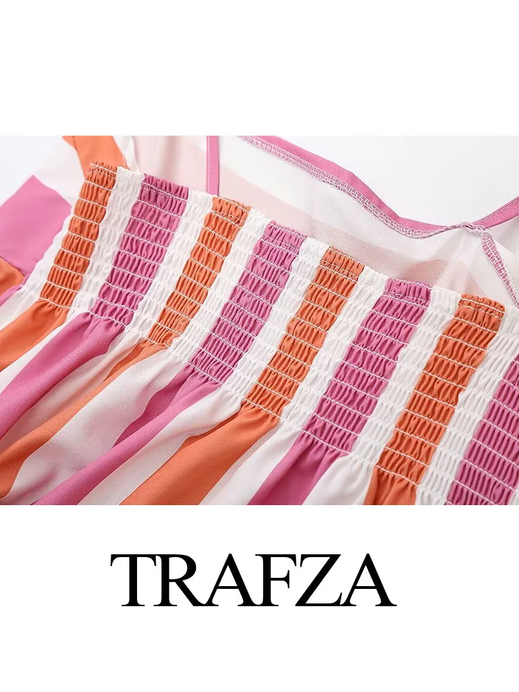 TRAFZA Summer Women Chic Color Matching Suit Elegant Sleeveless Backless Suspender Top+Casual Elastic Waist Wide-leg Pants Mujer