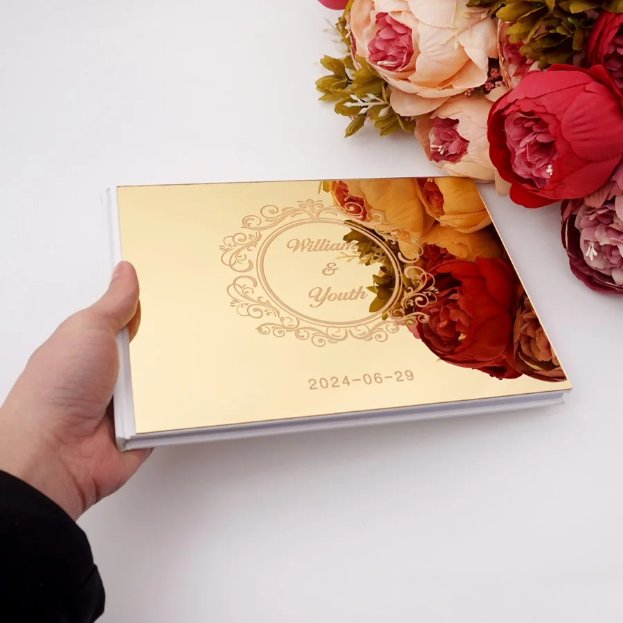Livre d'or de mariage personnalisé en or gravé sur mesure avec noms et date, album à signatures couverture rigide pour mariage, baptême, décoration.