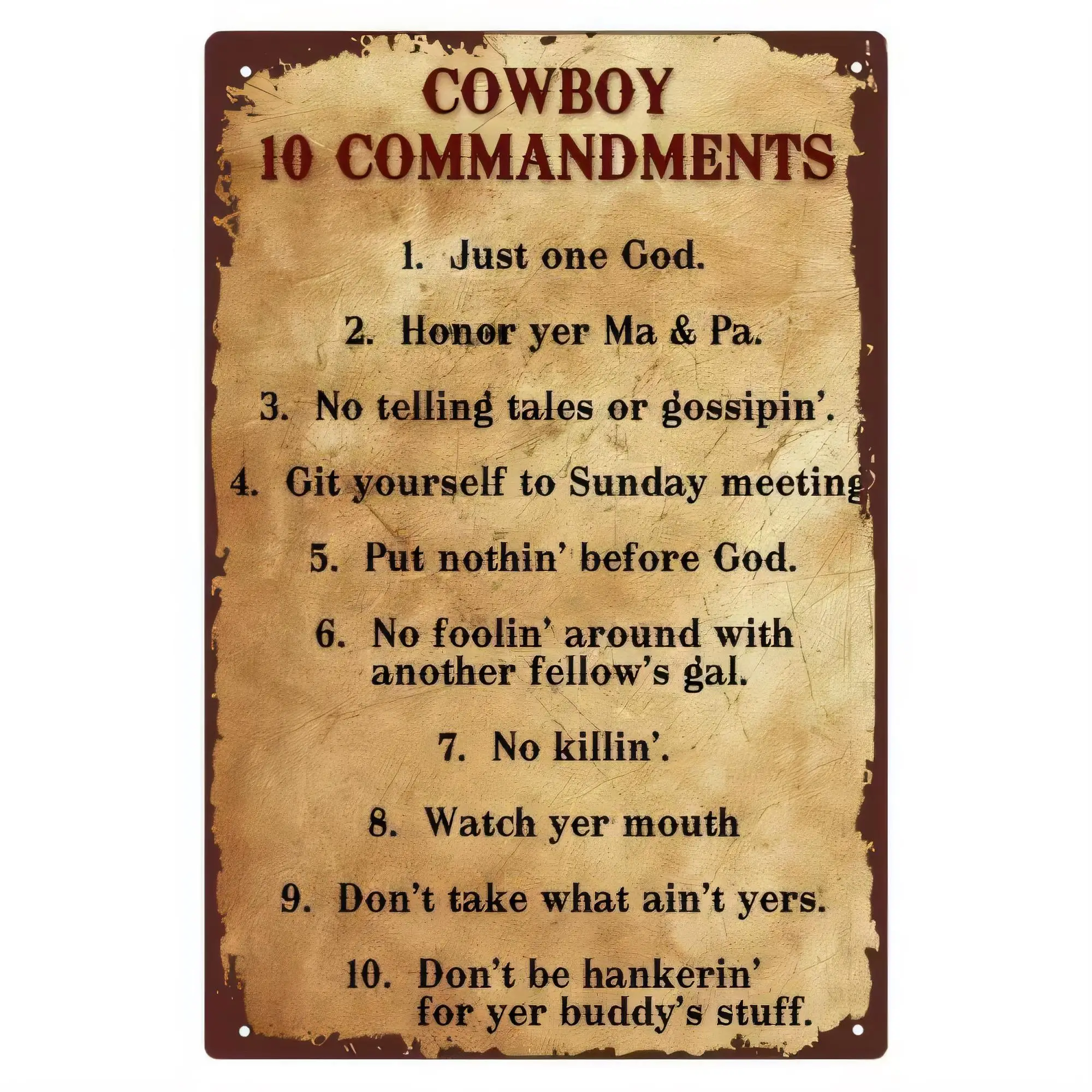Cowboy 10 Commandments Vintage Tin Sign Metal Wall Art Rustic Western Quote Plaque for Bar Saloon Man Cave Home Decor
