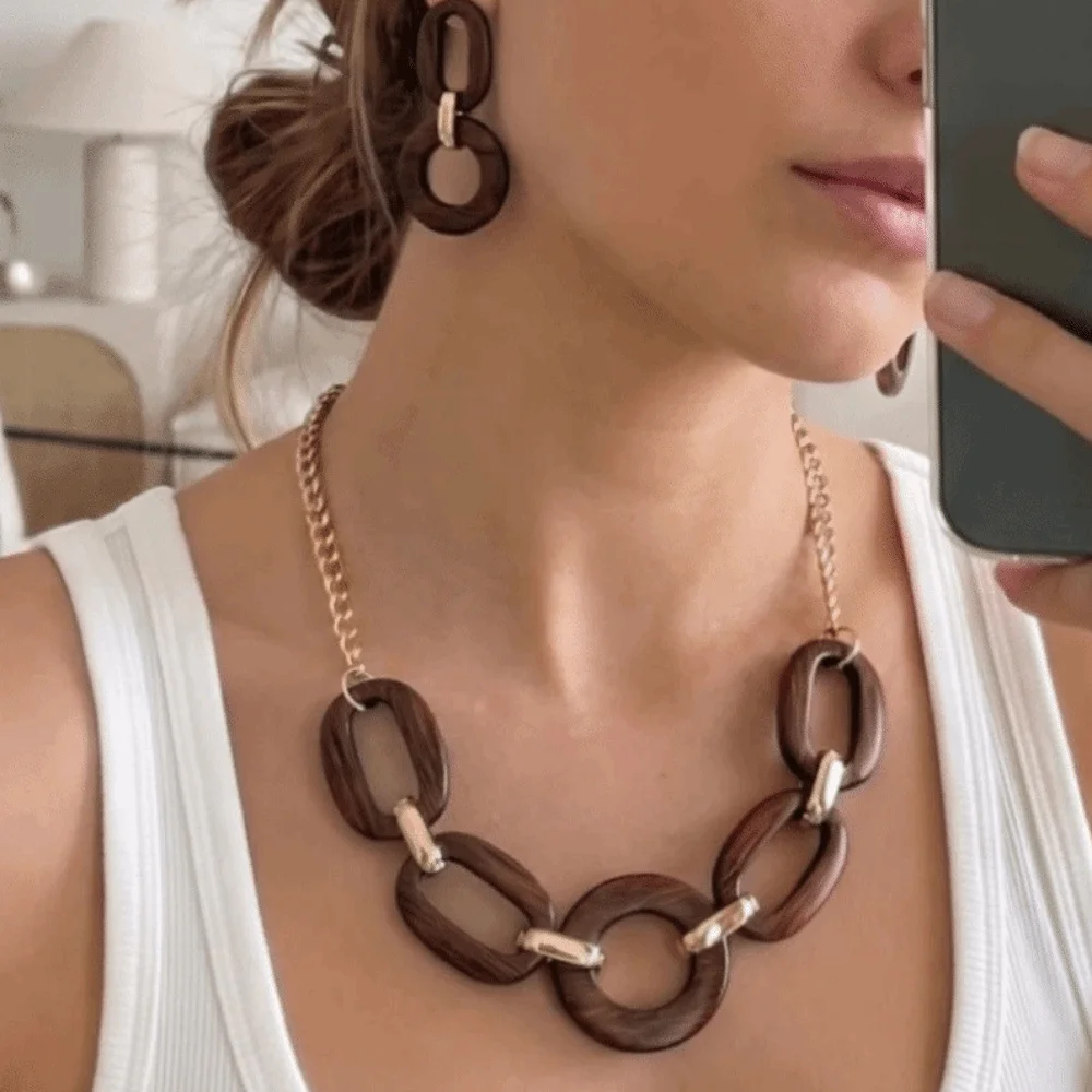 Geometric Acrylic Jewelry Set Oval Link Exaggerated Choker Earrings Set Round Design Lightweight Necklace Set Club Outing