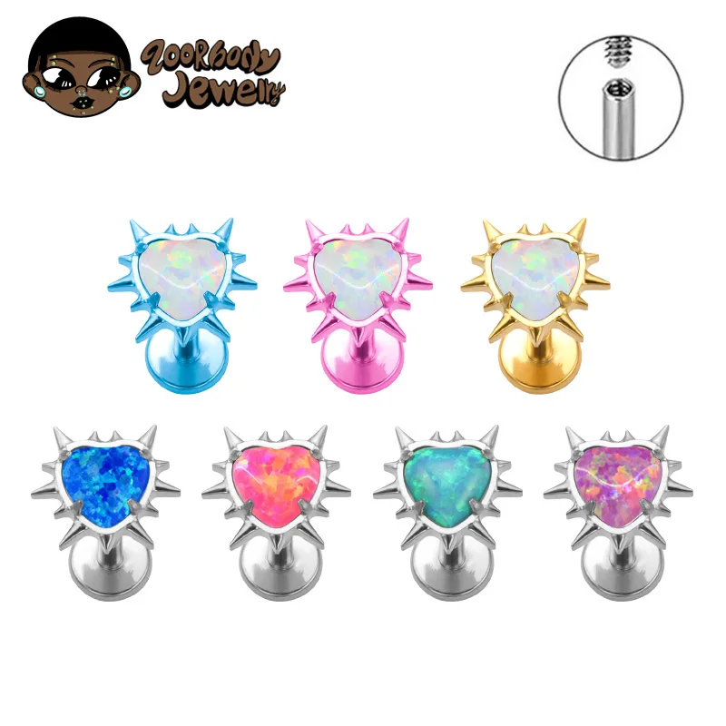 ASTM F136 titanio ópalo espinas corazón laboratorio Piercing Punk Spike Labret lóbulo plano labio Stud pendiente niñas y niños 2025 nuevo Piercing