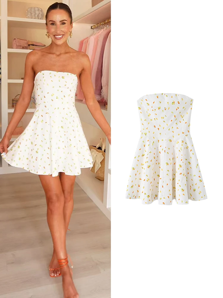 TFMLN Elegantes schulterfreies A-Linien-Kleid für Damen, rückenfrei, sexy, trägerloses Kleid, figurbetontes Mini-Sommer-Strandkleid mit Print für Damen