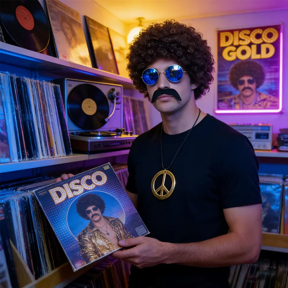 ชุดคอสตูมเรโทรฮิปปี้ยุค 90 พร้อมวิกผมหยิก สร้อยคอสัญลักษณ์สันติภาพ แว่นกันแดด อุปกรณ์เสริมสำหรับงานปาร์ตี้