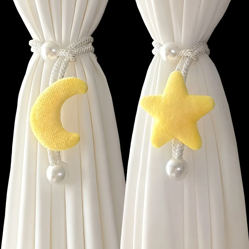 Star and Moon Pearl Curtain Tiebacks, Adjustable Braided Ties, Soft and Cute Plush Curtain Holdbacks, Cream-Style Decor