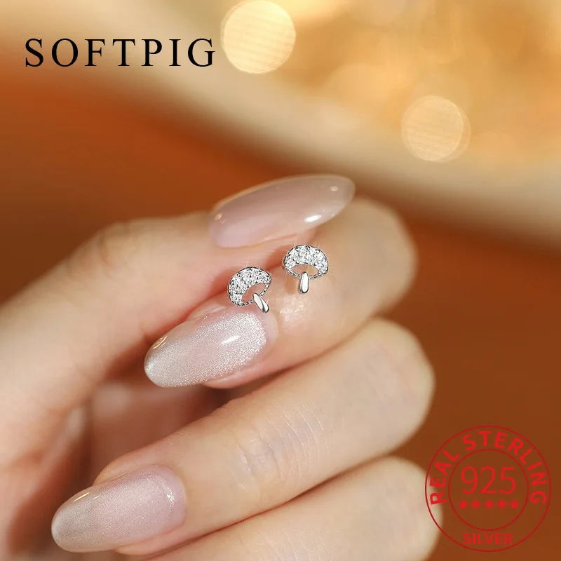 

SOFTPIG Real 925 Sterling Silver Sparkling Zircon Mushroom Mini Stud Earrings for Women Cute Fine Jewelry Exquisite Accessories