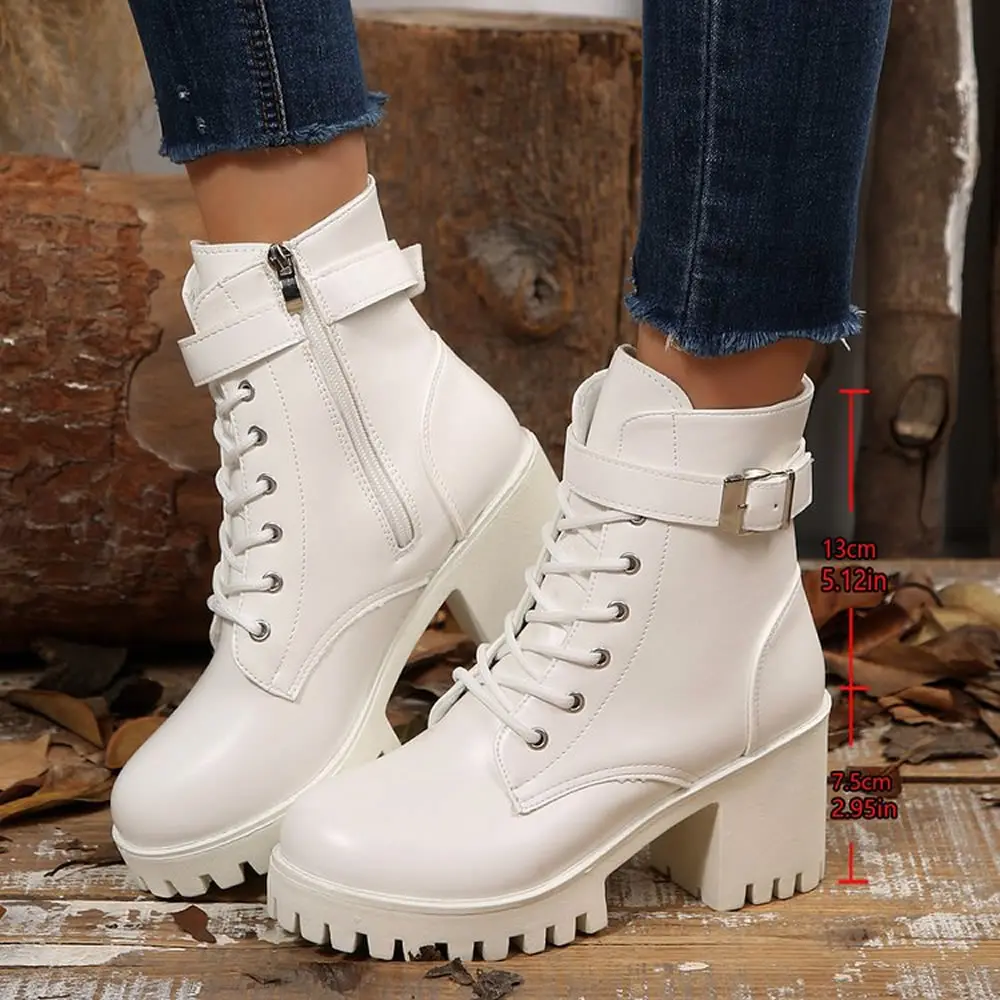 

Winter Women's Boots 2025 New Lace Up Boots for Womens Fashion Thick Heel Side Zipper Ankle Boots Warm Female Motorcycle Shoes