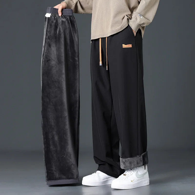 

Men Autumn Winter Thick Fleece Warm Trousers Drawstring Cropped Pants Men Add Velvet Casual Loose Drape Sweatpants Sports Slacks