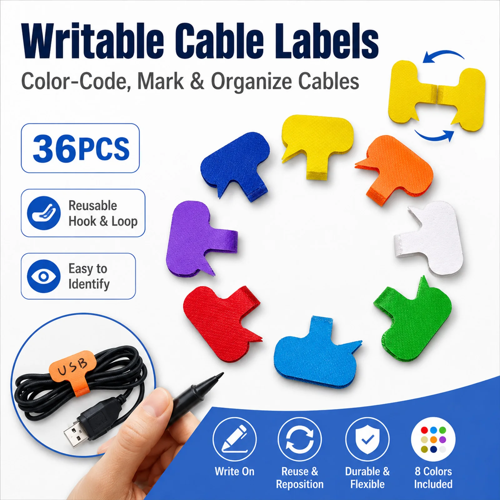 36PC Writable Cable Labels Reusable Hook & Loop Cord Tags, Wire Marker Organizer for Home Office TV Laptop Charging Cables