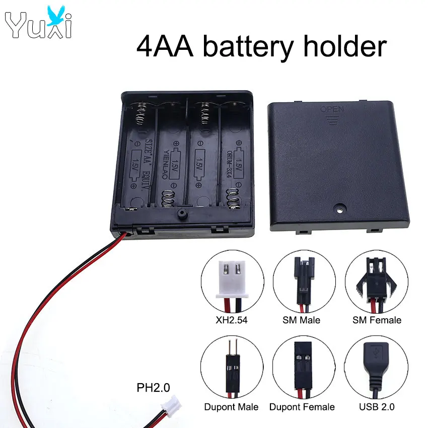 YuXi 1 Stück 6 V 4 Steckplätze AA Batterie Aufbewahrungsbox Batteriehalter mit Anschlusskabel Dupont SM PH2.0 XH2.54 USB-Stecker mit Schalter