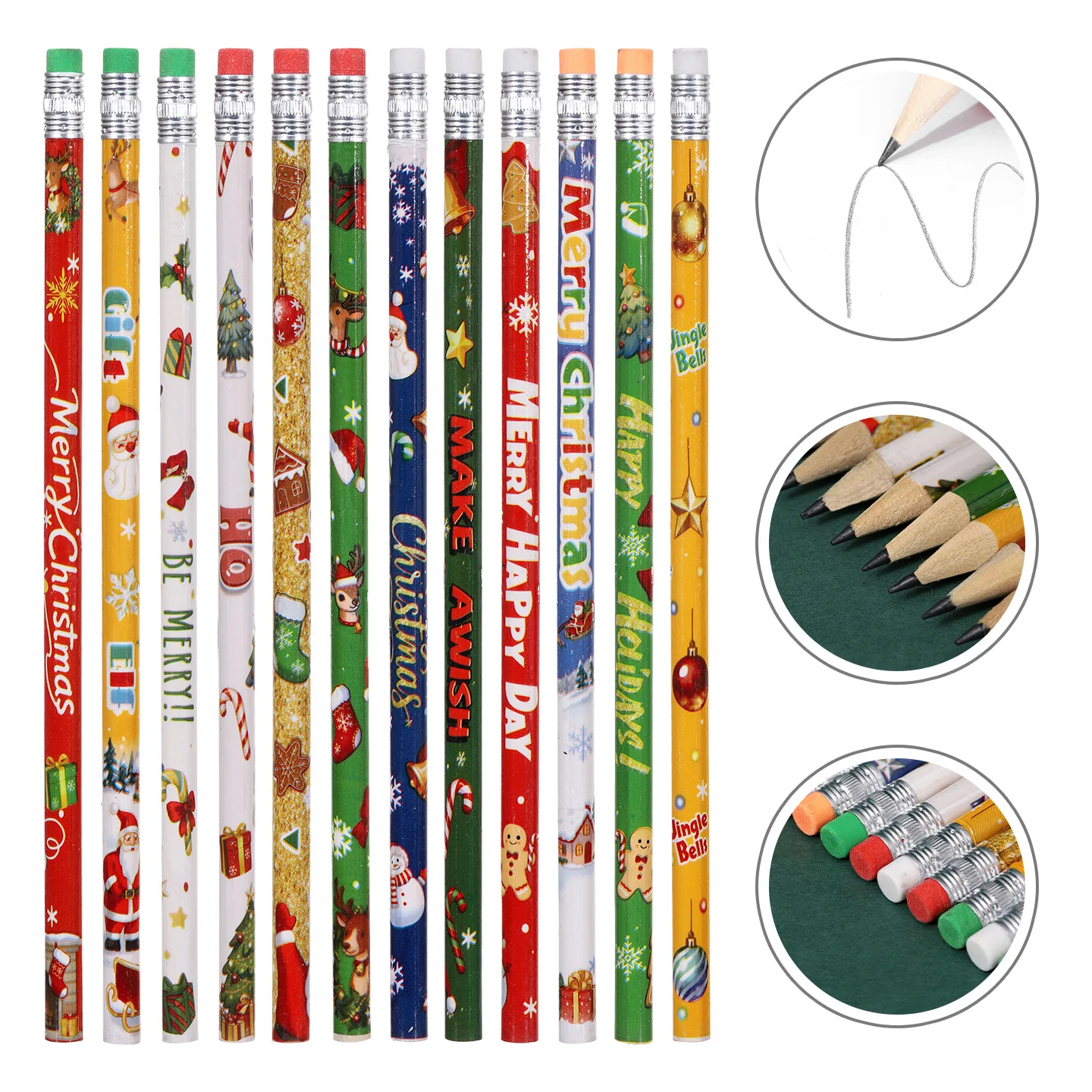 36 PCS Christmas Pencils with Eraser Xmas Themed Pencil Wooden Pencils with Santa Claus Elk Christmas Tree and Snowflake Snowman