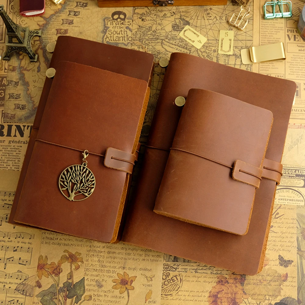 Cuaderno de viaje de cuero genuino Vintage, diario de viaje, cuaderno de bocetos de piel de vaca hecho a mano, planificador de páginas interiores