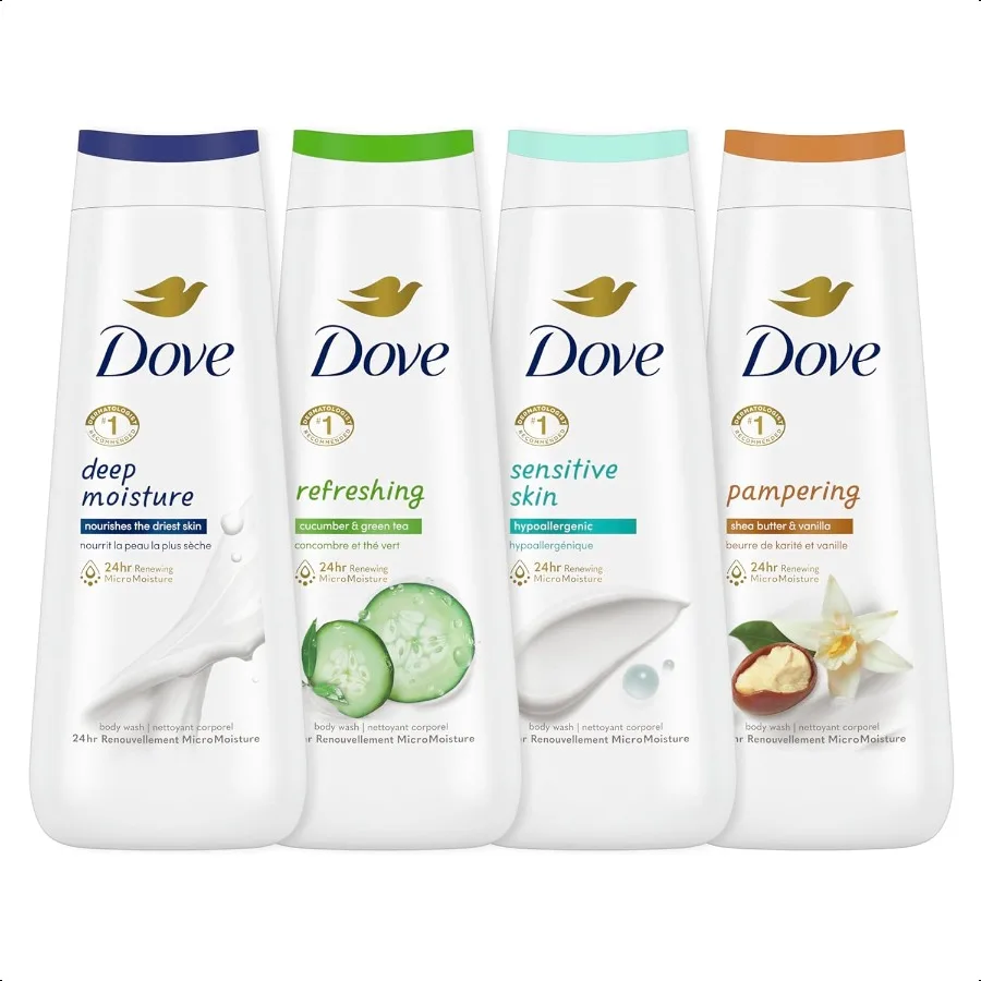 Dove Body Wash Piel sensible a la humedad profunda Concomino y té verde y manteca de karité Colección de vainilla Limpiador de piel con 4 unidades