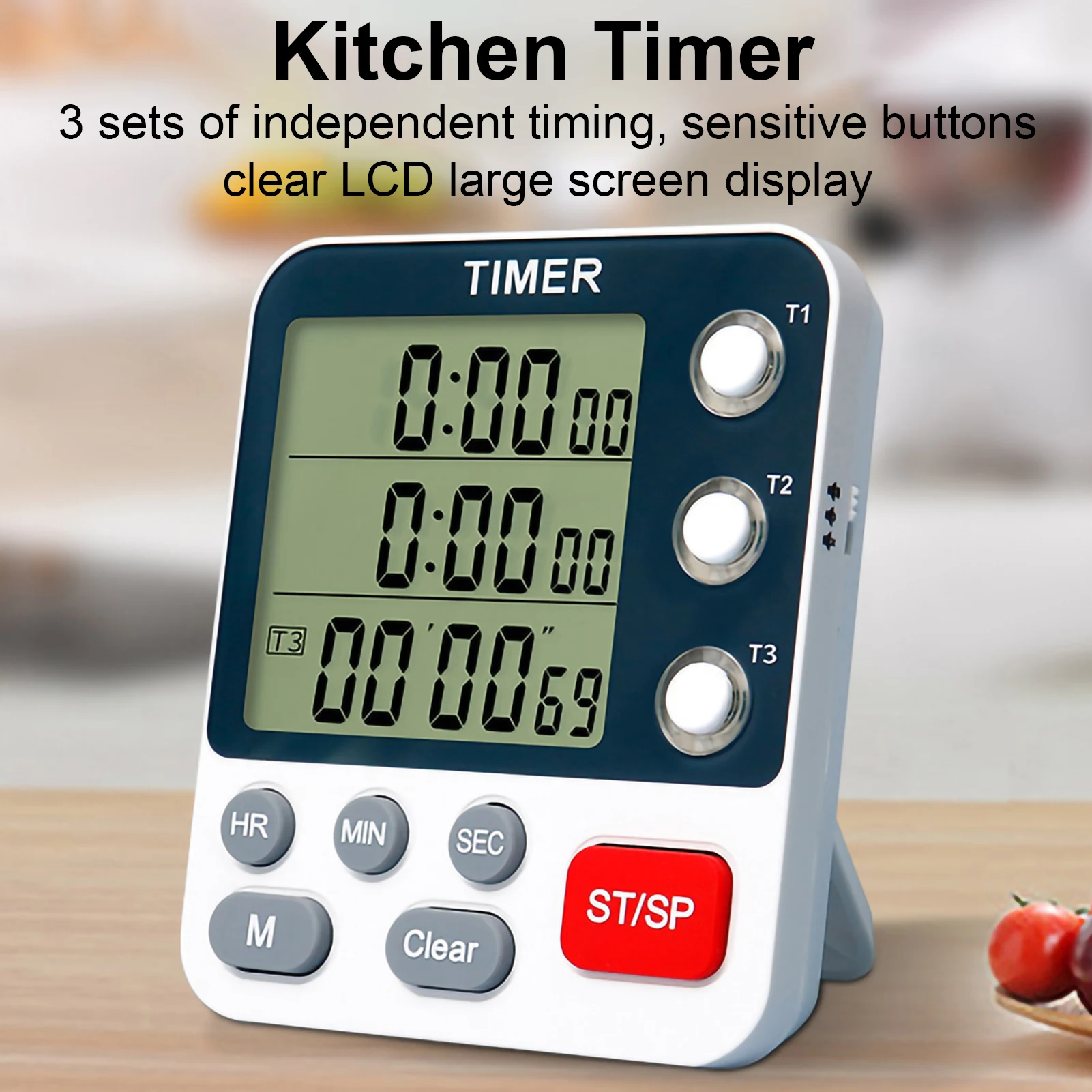 1Pc Kitchen Timer 3 Channels Count Up Down Digital Timer 3 Levels Volume Alarm Clock LCD Display Mute Flashing Timer for Cooking