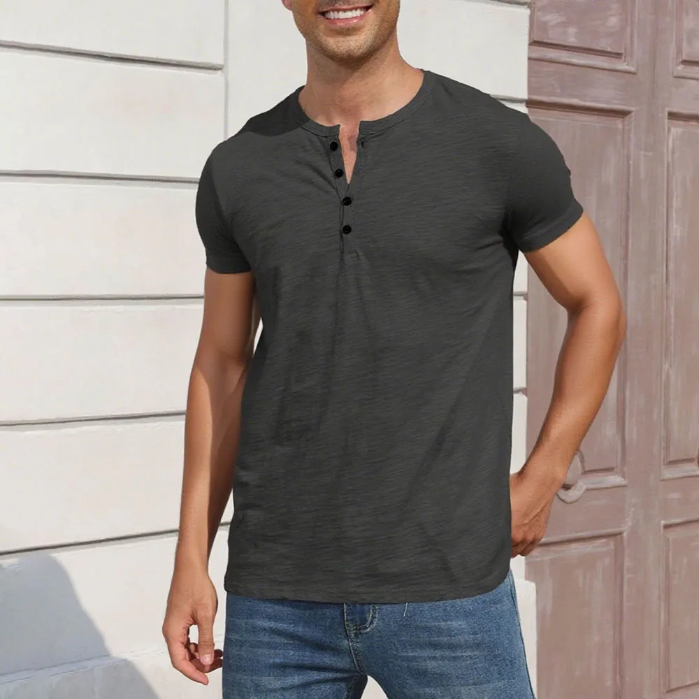 Men's Cotton T-shirt Fashion Button Design Breathable Solid Color Short-sleeved Henley Neck Tops Slim Fit Cozy Male Casual Tees
