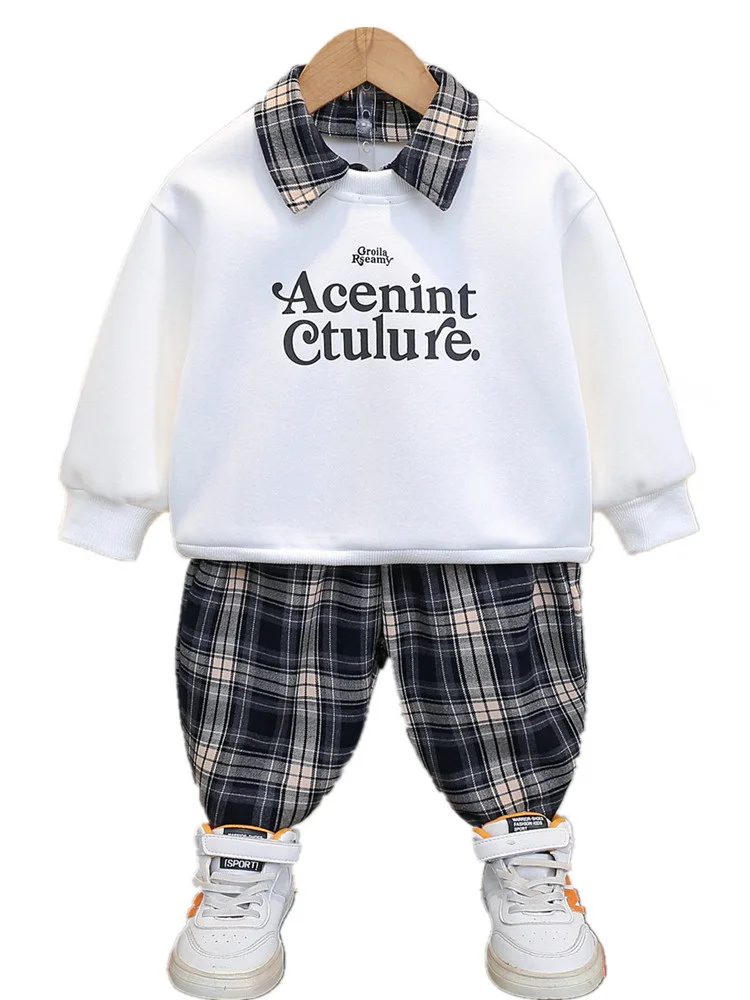 Spring Children Outfit Boy Clothes Set Kid False two pieces Sweatshirt and Plaid Pants 2pcs Suit Teenage Tracksuits 2-11Year