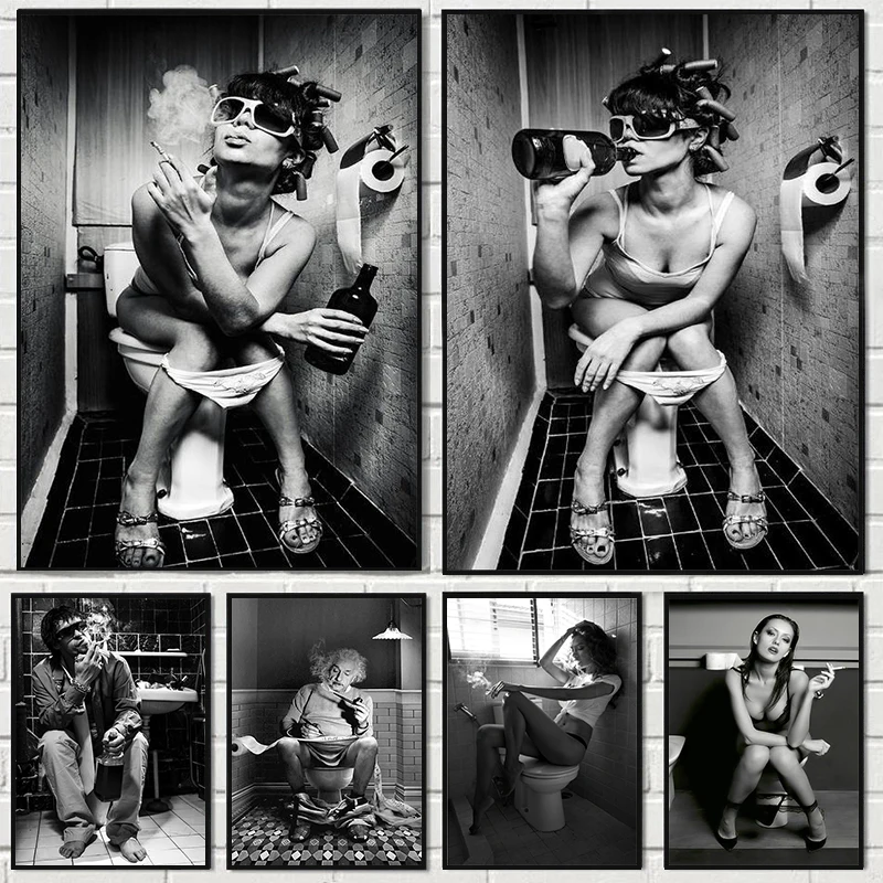 Toilet Sexy Woman Posters Prints Read Newspaper Vintage Bar Black White Wall Art Canvas Painting Modern Girl In Restroom Decor