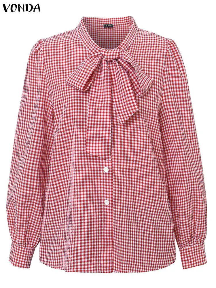 

Женская блузка VONDA, рубашки больших размеров, элегантная клетчатая осенняя рубашка с длинным рукавом, воротник с бантом, модные топы с пышными рукавами, офисные блузки 5XL