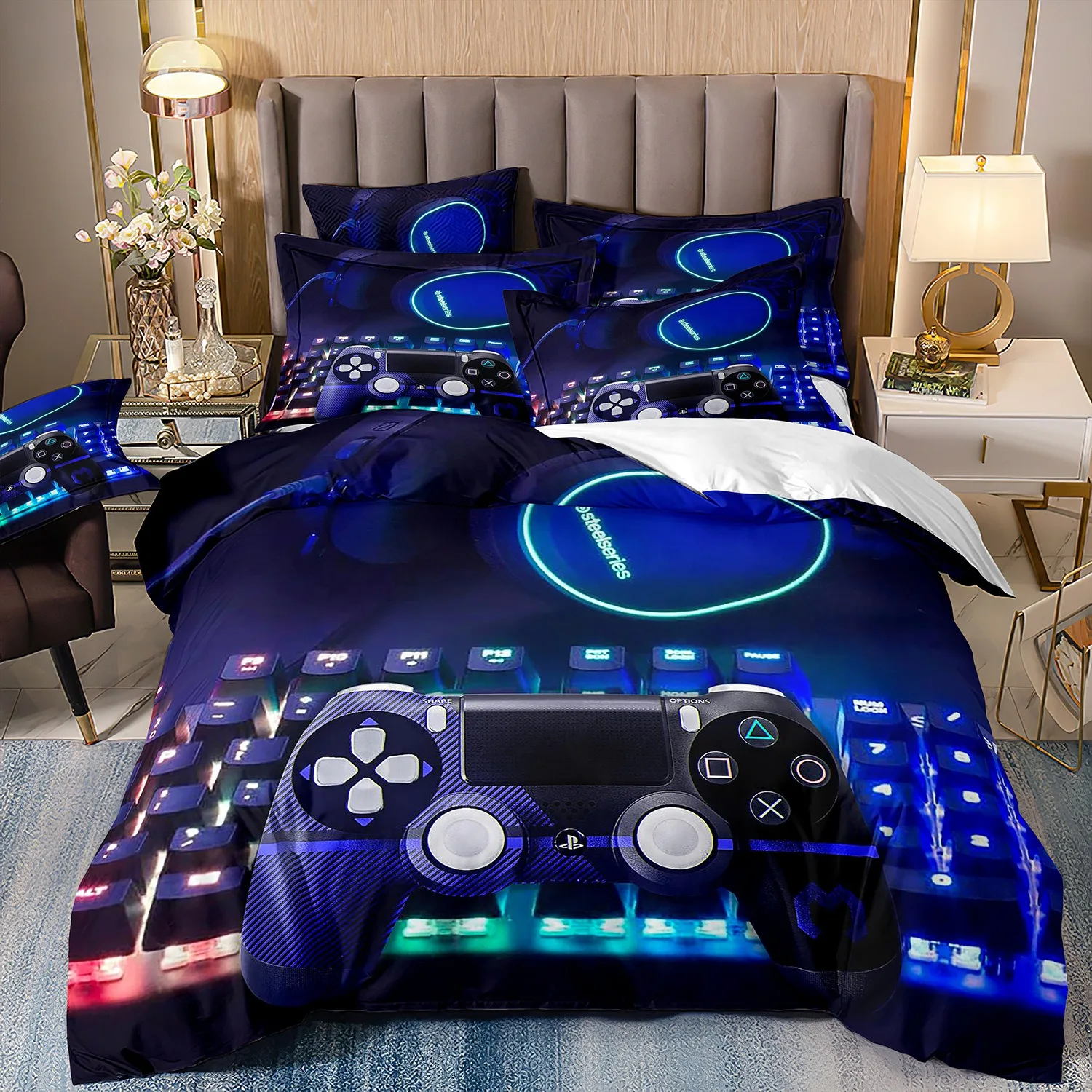 Teens Video Games Bedding Set Kids Gamepad Duvet Cover Set Boys Gamer Comforter Cover Gaming Controller Pattern Quilt Cover