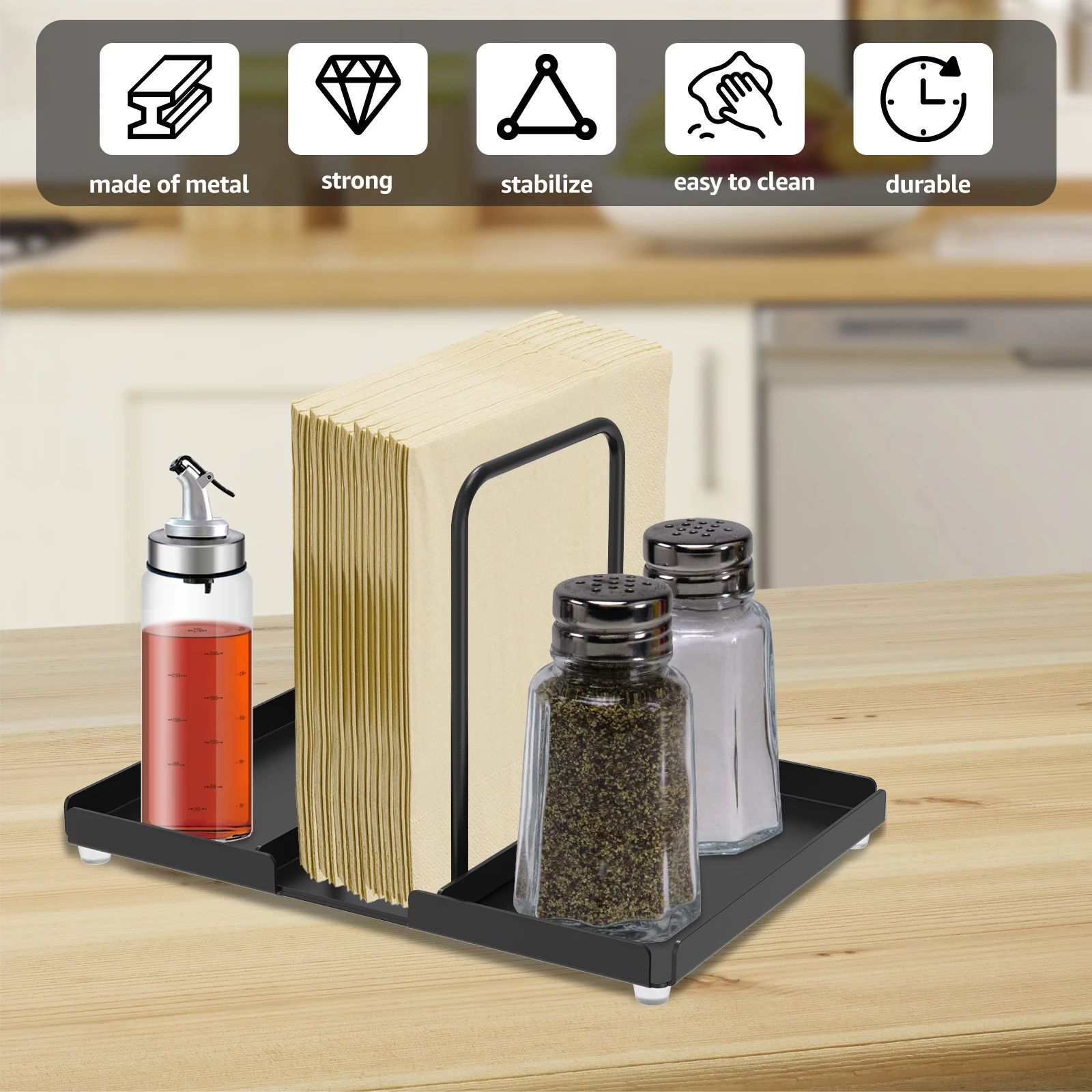 Metal Napkin Holder Standing Napkin Dispenser with Salt Pepper Shakers Caddy Paper Napkin Storage for Kitchen Dining Table Decor