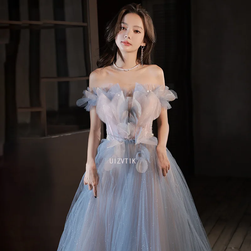 

Blue Sexy Evening Dress Women Tulle Off Shoulder Strapless Applique Shiny Sequined Glitter Women A-Line Long Party Prom Gowns