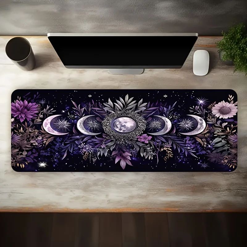 Celestial Moon Phase Gaming Mouse Pad, Large Non-Slip Desk Mat with Mystical Floral Print for Gamers & Cozy Home Office