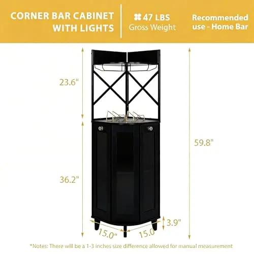 All Black Corner Wine Cabinet, Lockable Glass Door with Light | 4-Tier Storage With 2 Wine Racks & 2 Display Trays