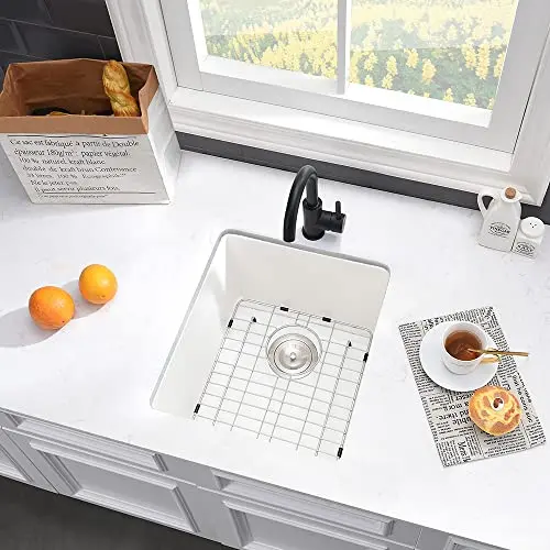 

White Quartz Composite Undermount Sink 15x17 Inch Deep Single Bowl For Kitchen, Wet Bar, RV With Stainless Steel Bottom Grid