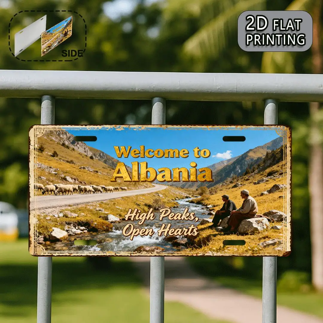 2D Flat, 2D Flat Printing, 1pc, Albania Peaks Vintage Metal Aluminum Sign License Plate, decorative sign (30.48X15.24cm), Hiking