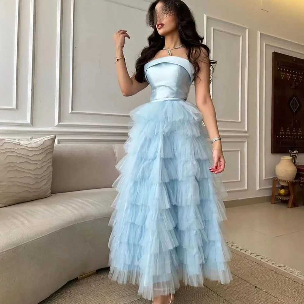 

Dubai Evening Caftan Dress Straight Strapless Tulle Sleeveless Ankle Length Pleats Tiered Elegant Dresses For Formal Occasions