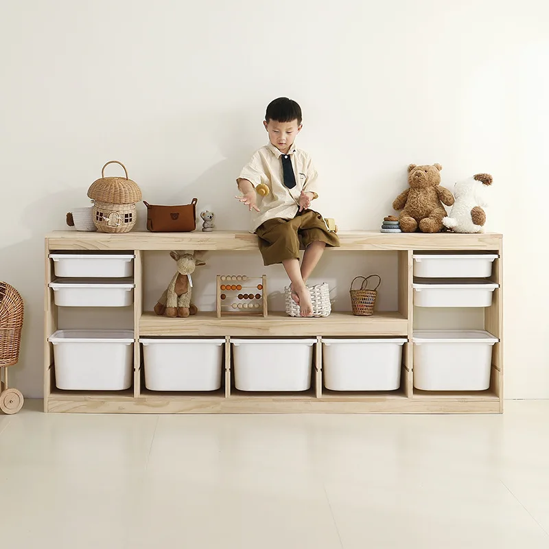 Children's toy storage cabinet shelf picture book rack large capacity solid wood bookshelf toy two-in-one combination locker