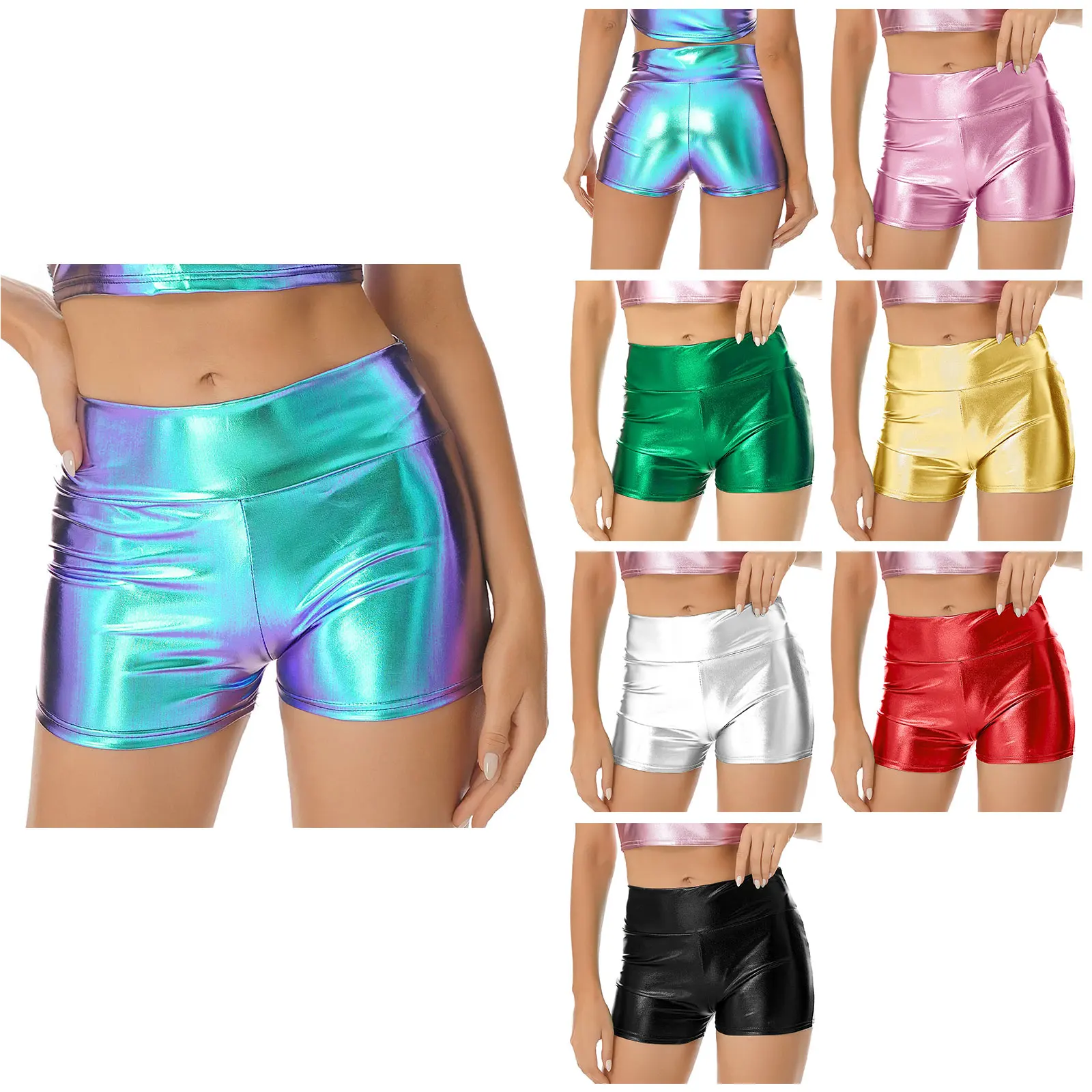 สตรี Shiny Metallic PVC หนัง Booty กางเกงขาสั้นเอวสูงเทศกาล Night Club Party Disco Rave Dance Bottoms กางเกงร้อน