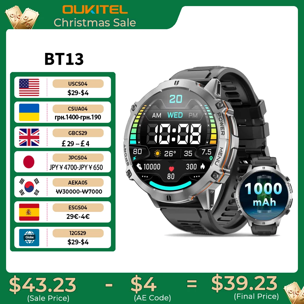 Смарт-часы OUKITEL BT13 для мужчин, 1,73 дюйма, AMOLED, 1000 мАч, AI ChatGPT, Bluetooth-звонки, мониторинг здоровья кислорода в крови, фитнес-часы