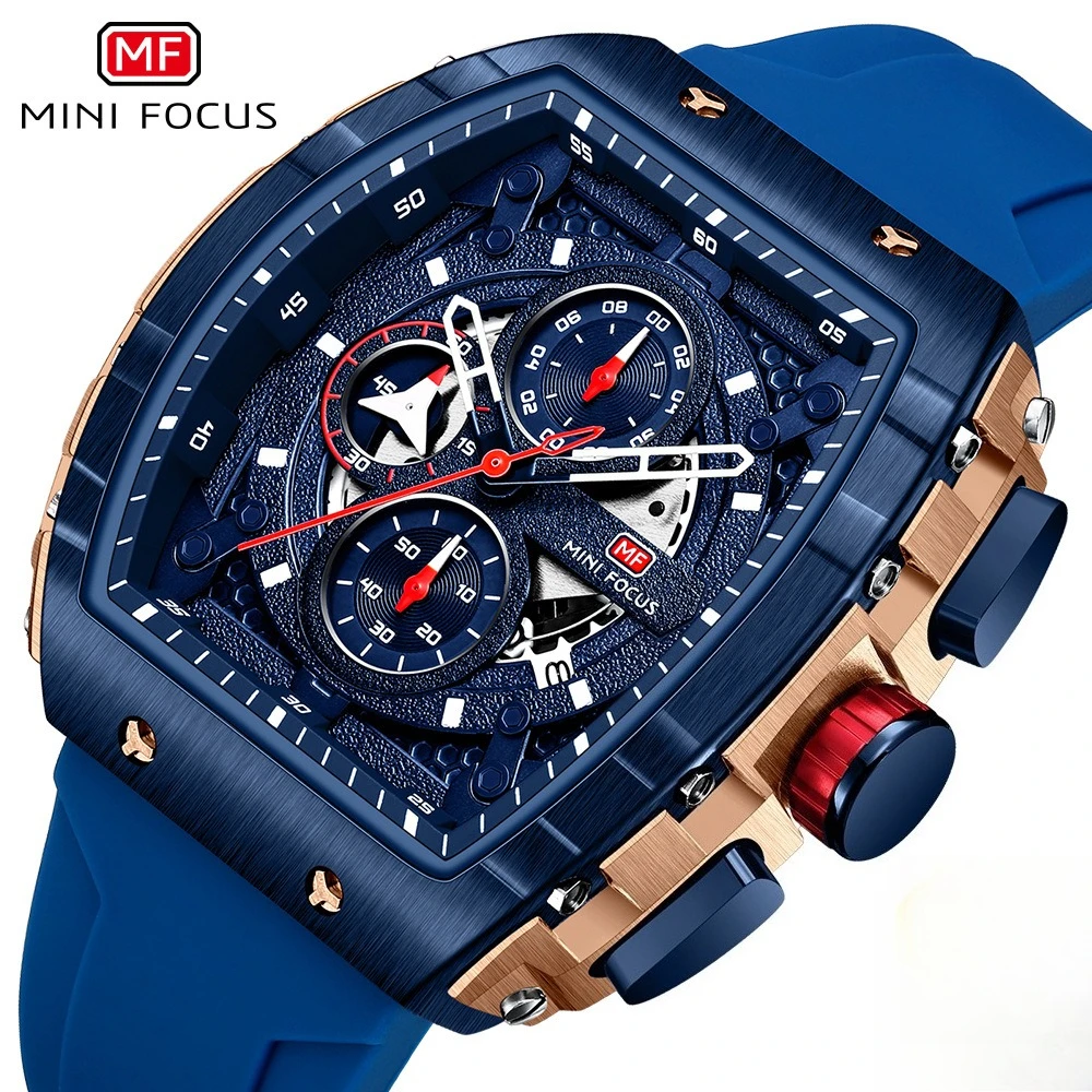 MINI FOCUS Men Quartz Watch Tonneau Hollow Chronograph Silicone Strap Date Waterproof Sports Male Wristwatch Relogio Masculino