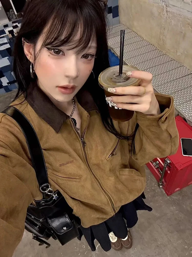 

Винтажная уличная куртка на молнии, женская осенняя куртка с длинным рукавом, лоскутное пальто Y2K, Harajuku, свободная повседневная женская верхняя одежда в стиле ретро