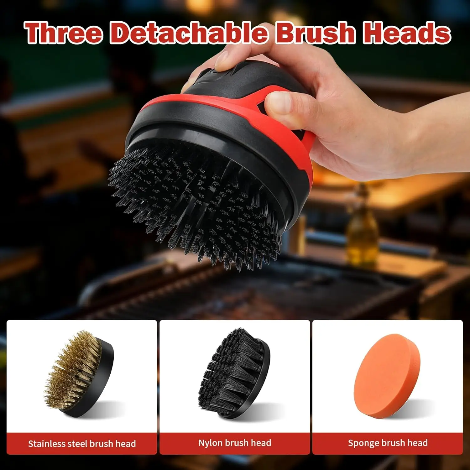 Escova elétrica sem fio para grelhar com cabeças substituíveis - limpador de churrasco recarregável, vermelho