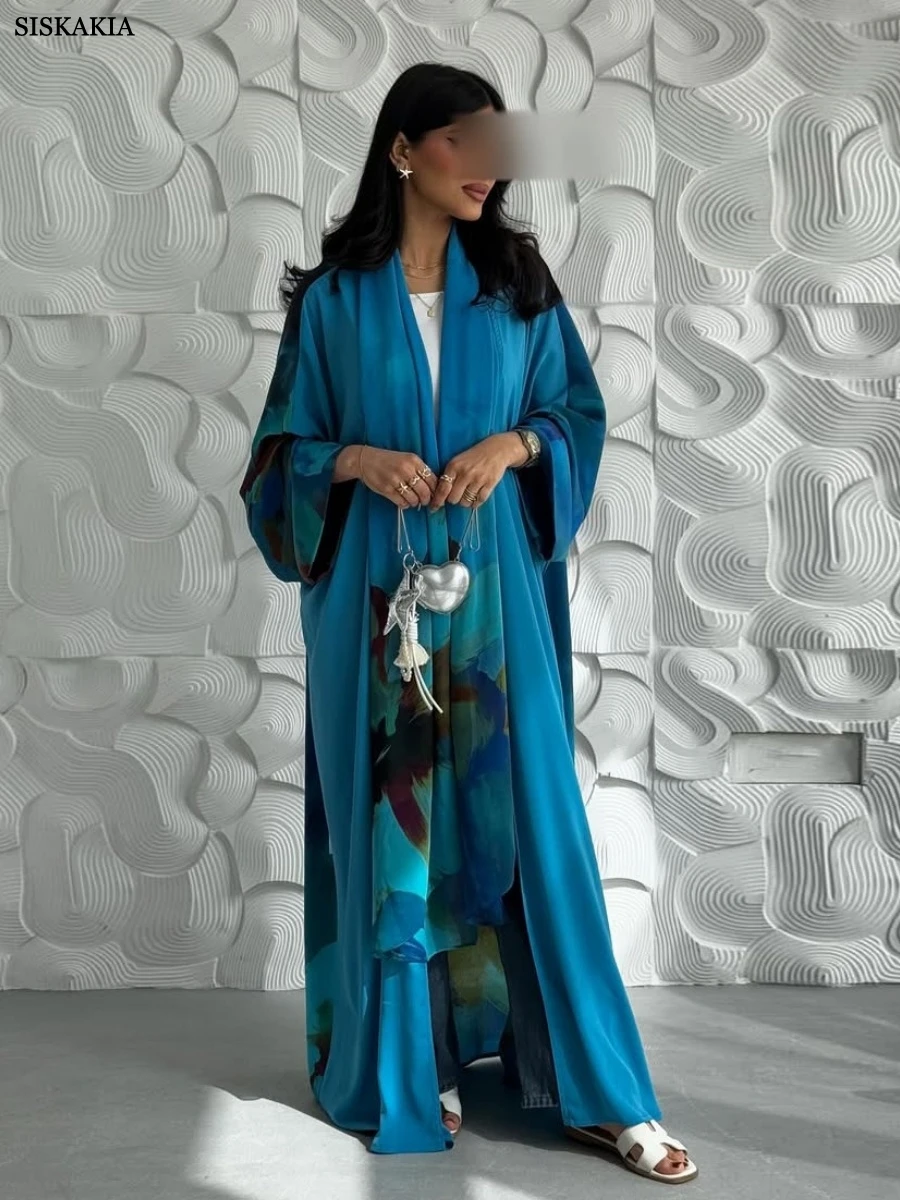 

Siskakia Dubai Fashion Floral Print Open Abaya Muslim Elegant Cardigan Hijab included 2025 Feminine Clothes