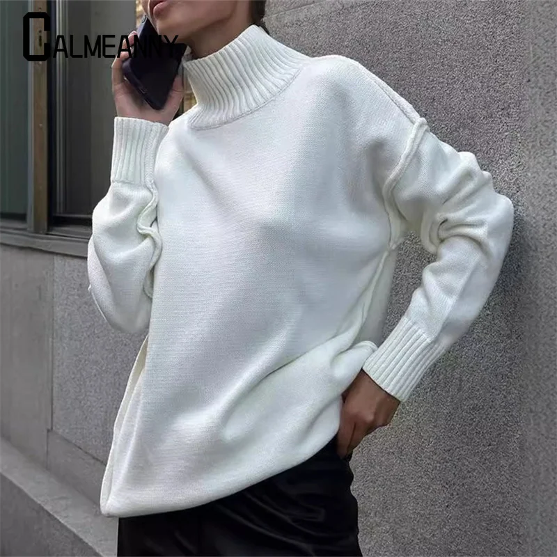 2024 Autumn Winter Solid Splicing Turtleneck Knitted Sweater Pullover Women Loose Long Sleeve Warm Thicker Pullovers Sweaters