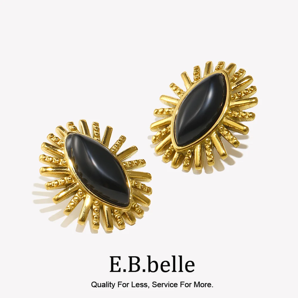 E.B.belle Black Agate Eye Earring Natural Stone Stainless Steel 18K Gold Plated Fashion Jewelry For Women  High Quality Charm